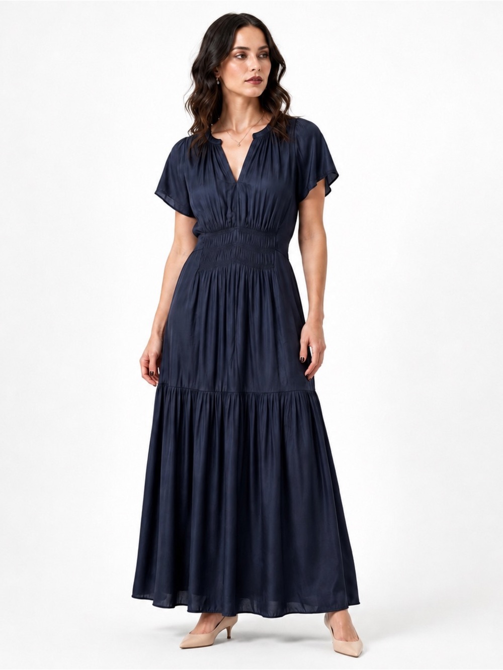 GRADE & GATHER Navy Satin Maxi Dress Smocked Waist Tiered Boho MP Wedding Guest
